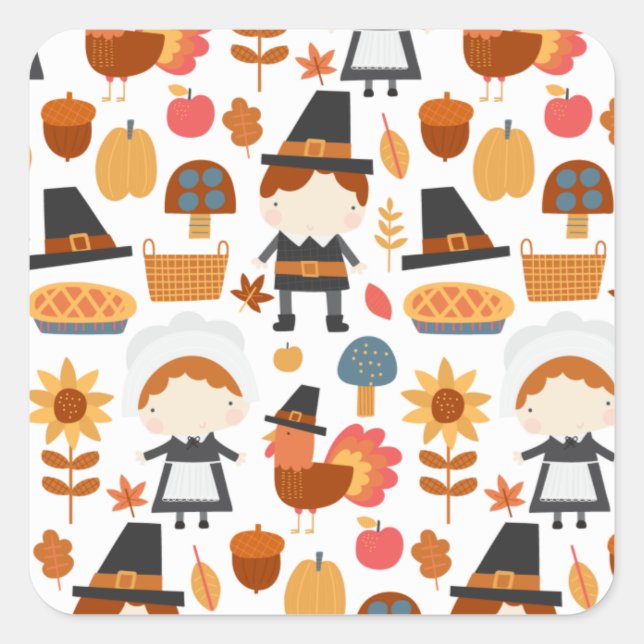Thanksgiving Pilgrims Harvest Pattern Square Sticker (Front)
