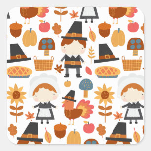 Thanksgiving Pilgrims Harvest Pattern Square Sticker
