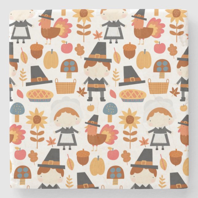 Thanksgiving Pilgrims Harvest Pattern Stone Coaster (Front)