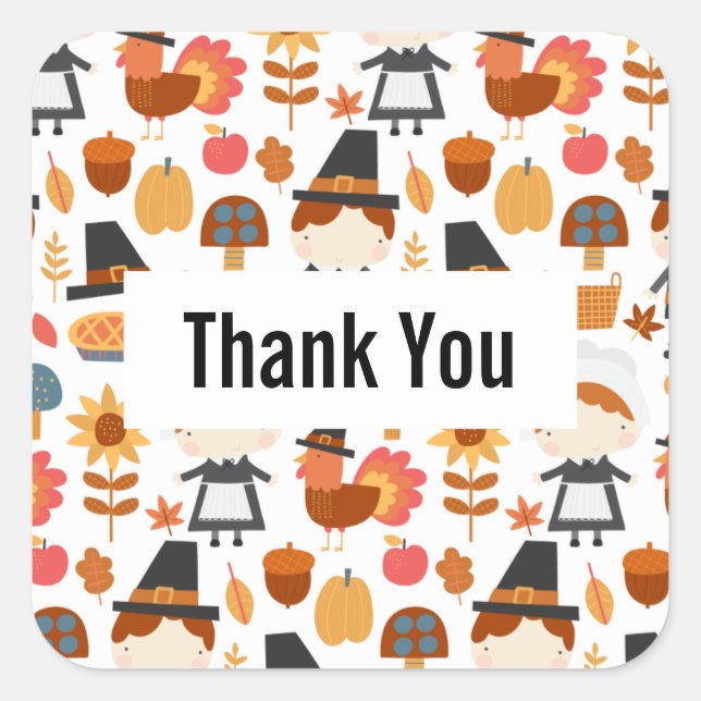 Thanksgiving Pilgrims Harvest Pattern Thank You Square Sticker (Front)