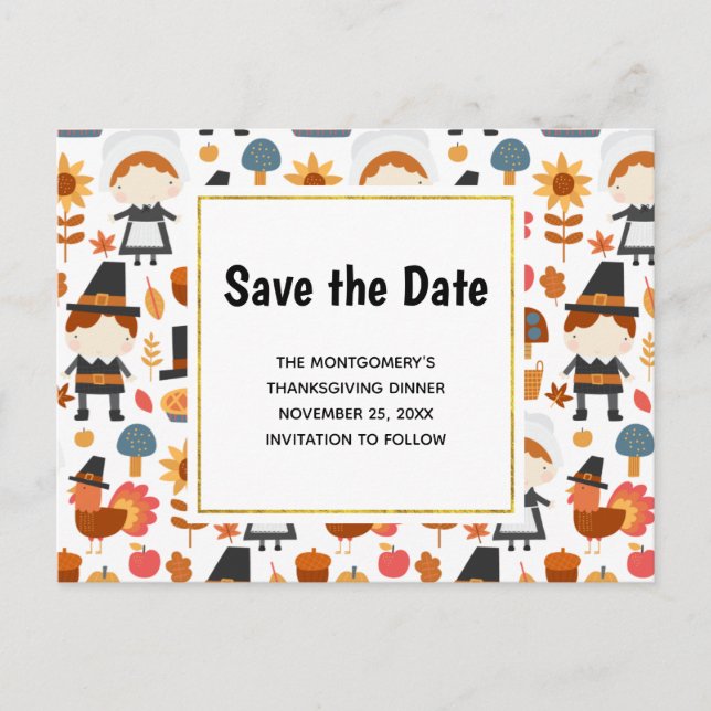  Thanksgiving Pilgrims Pattern Save the Date Invitation Postcard (Front)