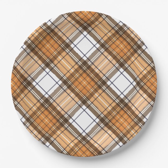 Thanksgiving Plaid Brown and Orange Party Plate (Front)