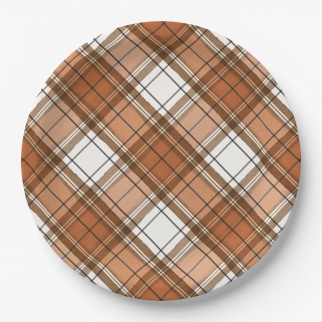 Thanksgiving Plaid Burnt Orange Party Plate (Front)