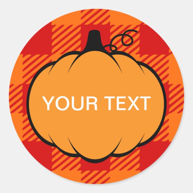 Thanksgiving Plaid Pumpkin Drawing Custom Text  Classic Round Sticker (Front)