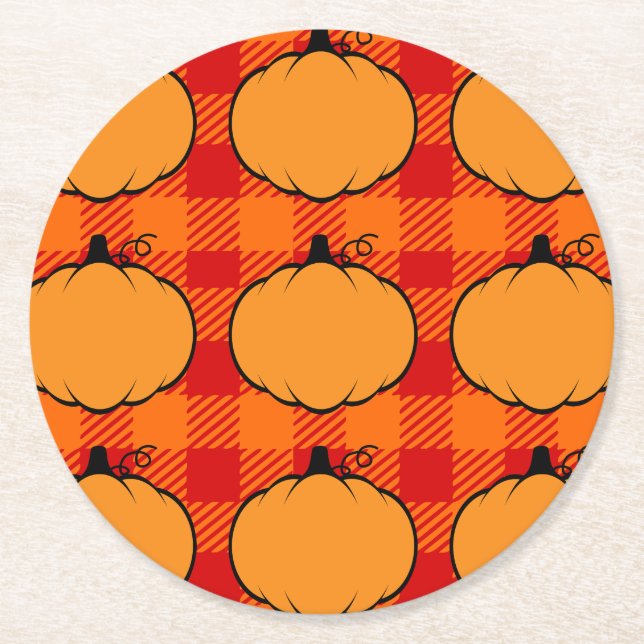 Thanksgiving Plaid Pumpkin Drawing Round Paper Coaster (Front)