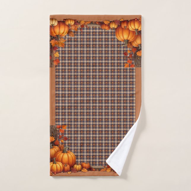 Thanksgiving Plaid with Pumpkin Border Hand Towel (Hand Towel)