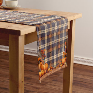 Thanksgiving Plaid with Pumpkin border Long Table Runner