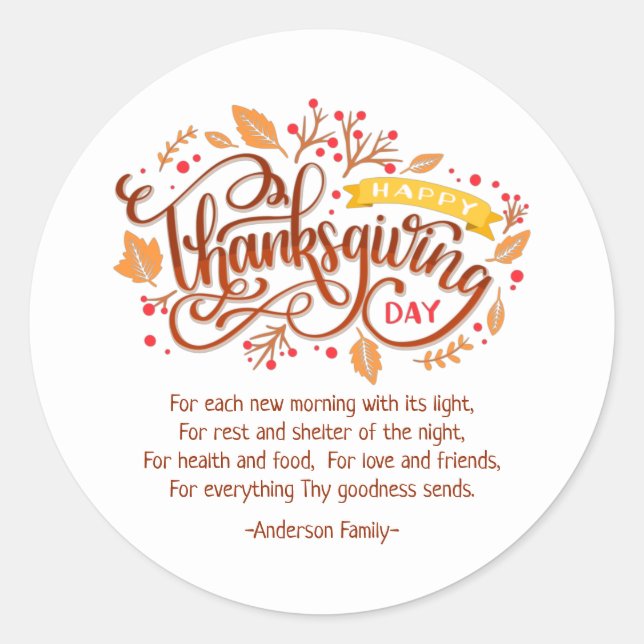Thanksgiving Poem Country Rustic Autumn Foliage Classic Round Sticker (Front)