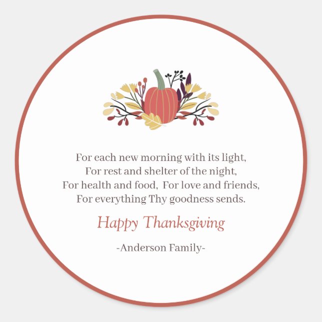 Thanksgiving Poem Country Rustic Pumpkin Bouquet Classic Round Sticker (Front)