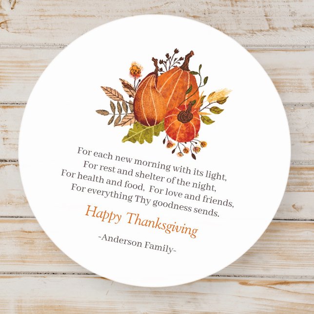 Thanksgiving Poem Country Rustic Pumpkin Harvest Classic Round Sticker (Creator Uploaded)