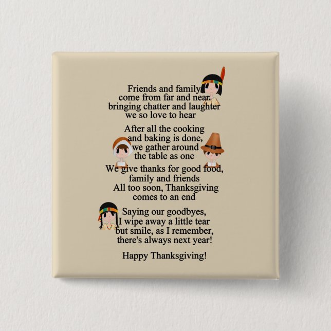 Thanksgiving poem Holiday Indians Pilgrims 15 Cm Square Badge (Front)