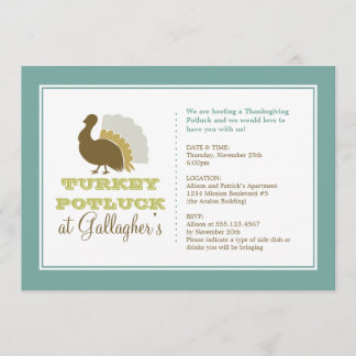 Thanksgiving potluck chic blue green turkey dinner invitation