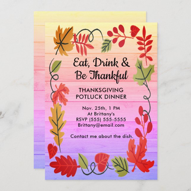 Thanksgiving Potluck Dinner Colourful Wood Invite (Front/Back)