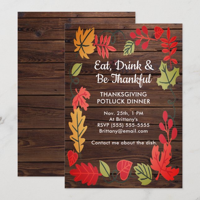 Thanksgiving Potluck Dinner Dark Brown Wood Invite (Front/Back)