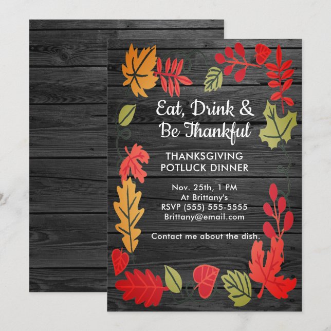 Thanksgiving Potluck Dinner Dark Grey Wood Invite (Front/Back)