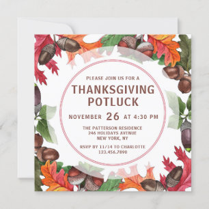 Thanksgiving Potluck Dinner Fall Watercolor Floral Invitation