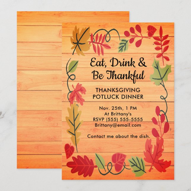 Thanksgiving Potluck Dinner Orange Wood Invitation (Front/Back)