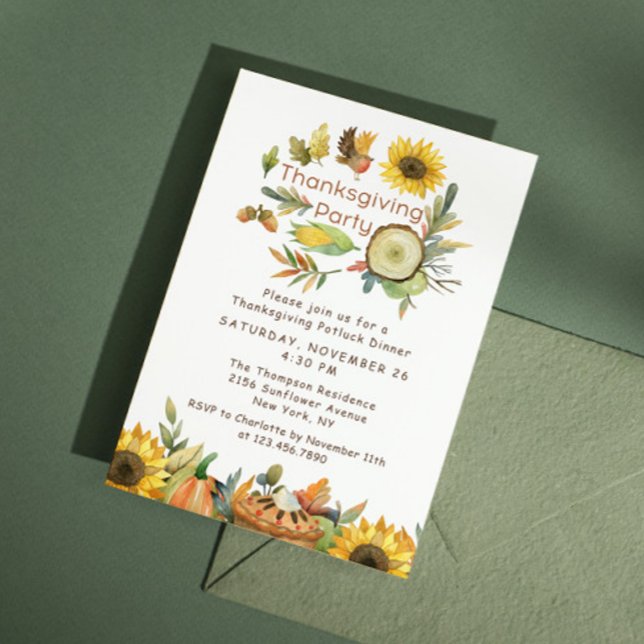 Thanksgiving Potluck Dinner Pumpkin Pie Sunflowers Invitation (Creator Uploaded)