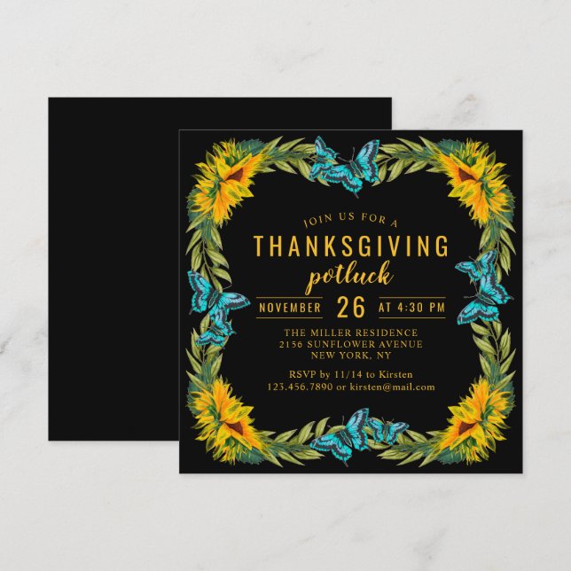 Thanksgiving Potluck Dinner Watercolor Sunflowers Invitation (Front/Back)
