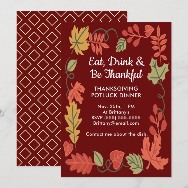 Thanksgiving Potluck Family Dinner Dark Red Invite (Front/Back)