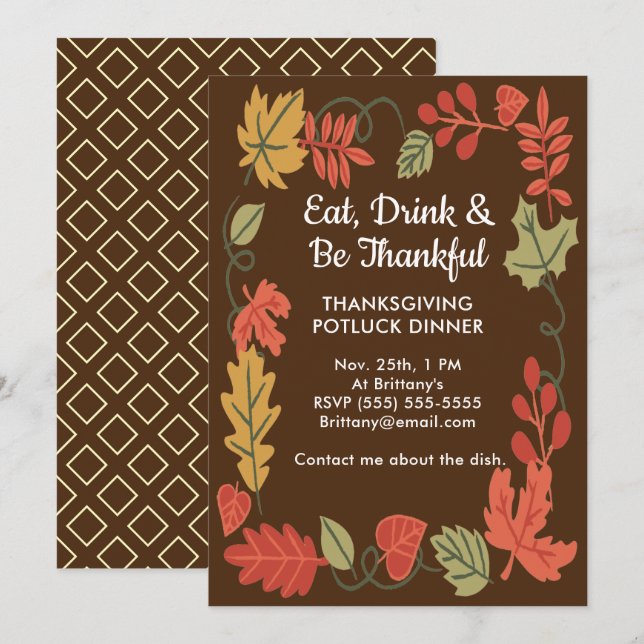 Thanksgiving Potluck Family Dinner DK Brown Invite (Front/Back)