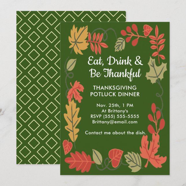 Thanksgiving Potluck Family Dinner DK Green Invite (Front/Back)