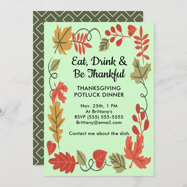 Thanksgiving Potluck Family Dinner Green Invite (Front/Back)