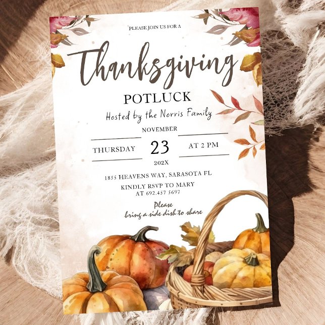 Thanksgiving Potluck Pumpkins Fall Thankful Rustic Invitation (Creator Uploaded)