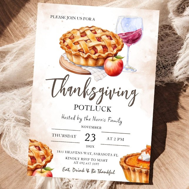 Thanksgiving Potluck Rustic Watercolor Pumpkin Pie Invitation (Creator Uploaded)