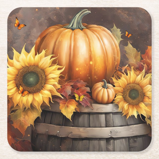 Thanksgiving Pretty Pumpkin Sunflowers Square Paper Coaster (Front)