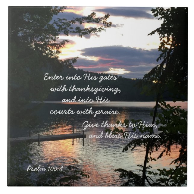 Thanksgiving Psalm 100:4 Sunrise Squam Lake Photo Tile (Front)