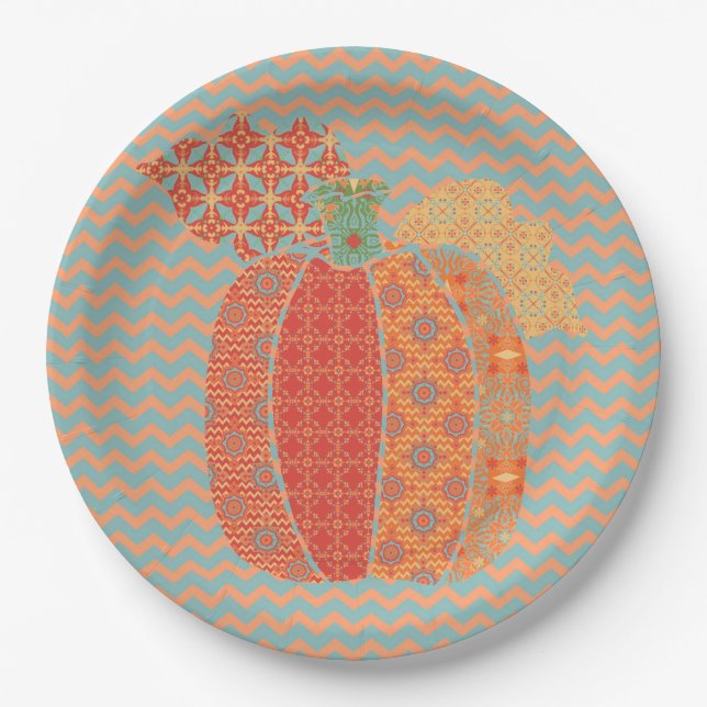 Thanksgiving Pumpkin and Chevrons, Paper Plates 9" (Front)