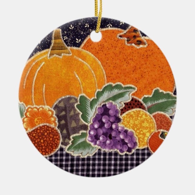 Thanksgiving Pumpkin and Friends Patchwork Ceramic Tree Decoration (Front)