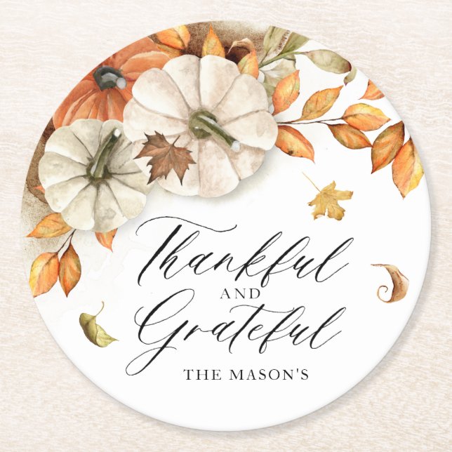 Thanksgiving Pumpkin and Leaves Round Paper Coaster (Front)