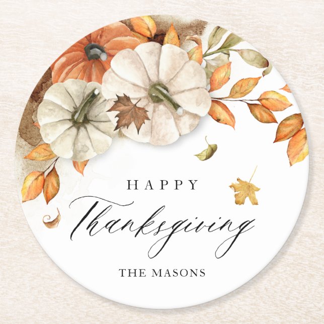 Thanksgiving Pumpkin and Leaves  Round Paper Coaster (Front)