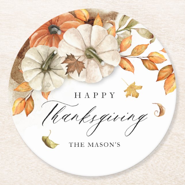 Thanksgiving Pumpkin and Leaves  Round Paper Coaster (Front)