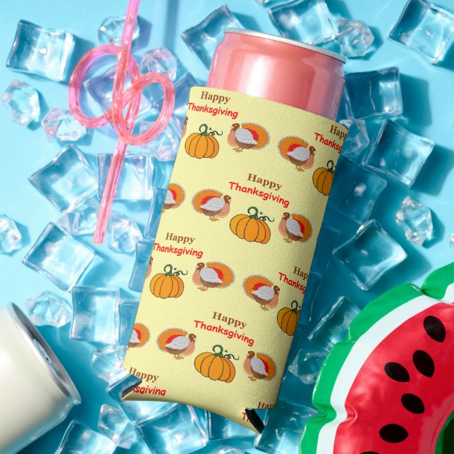 Thanksgiving pumpkin and turkey pattern yellow seltzer can cooler (In Situ Summer)