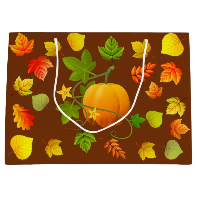 Thanksgiving Pumpkin & Autumn Leaves on Brown Large Gift Bag (Front)
