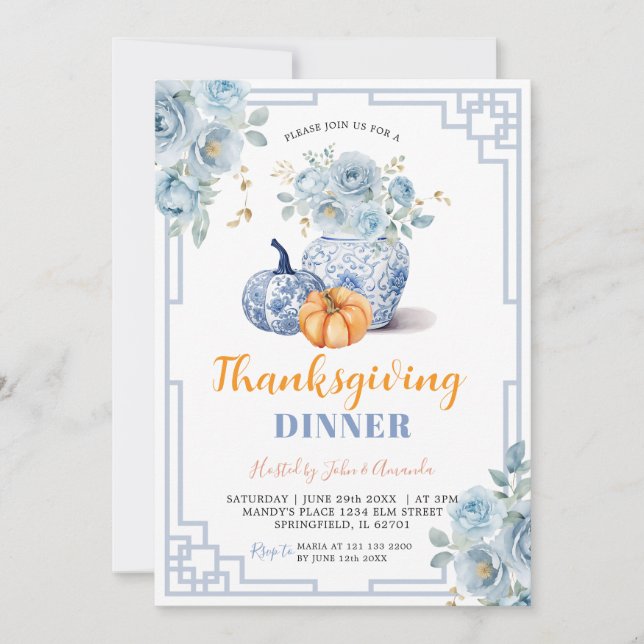 Thanksgiving Pumpkin Blue Peony Chinoiserie Jar Invitation (Front)