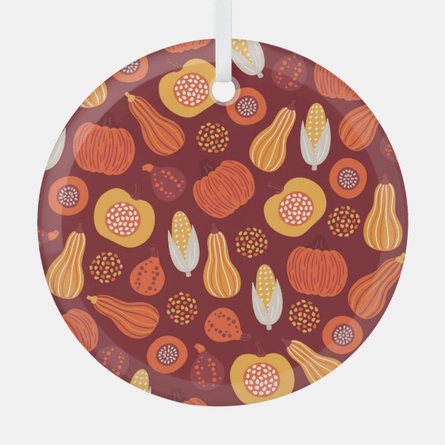 Thanksgiving Pumpkin Brown Seamless Pattern. Glass Tree Decoration (Front)