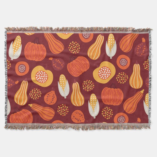 Thanksgiving Pumpkin Brown Seamless Pattern. Throw Blanket (Front)