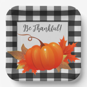 Thanksgiving Pumpkin Buffalo Plaid   Black  Paper Plate