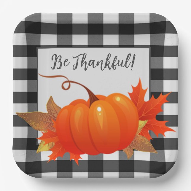 Thanksgiving Pumpkin Buffalo Plaid | Black  Paper Plate (Front)