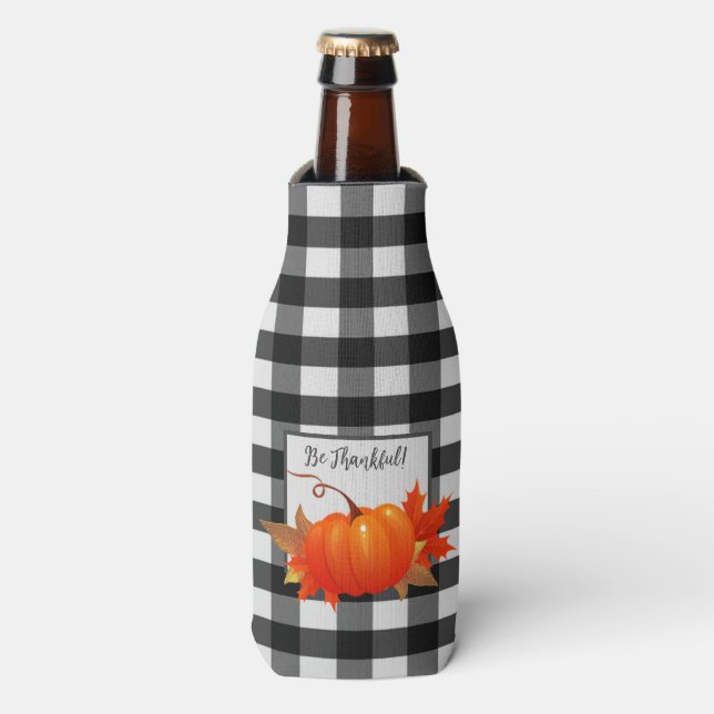 Thanksgiving Pumpkin Buffalo Plaid Bottle Cooler (Bottle Front)