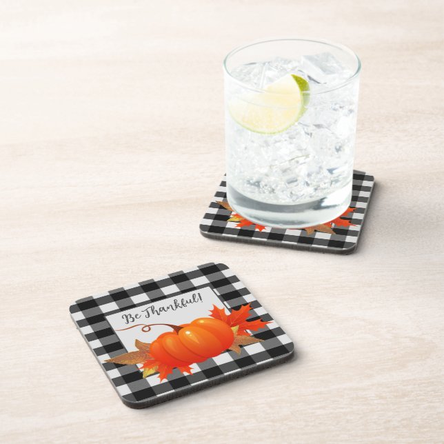 Thanksgiving Pumpkin Buffalo Plaid Plastic Coaster (Right Side)