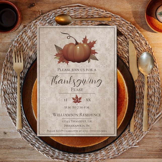 Thanksgiving Pumpkin Damask Dinner | Beige Invitation (Thanksgiving Pumpkin Damask Dinner Invite)