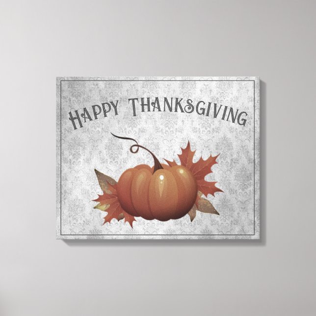 Thanksgiving Pumpkin Damask | Grey Canvas Print (Front)