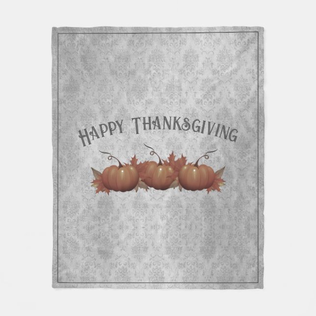 Thanksgiving Pumpkin Damask | Grey Fleece Blanket (Front)