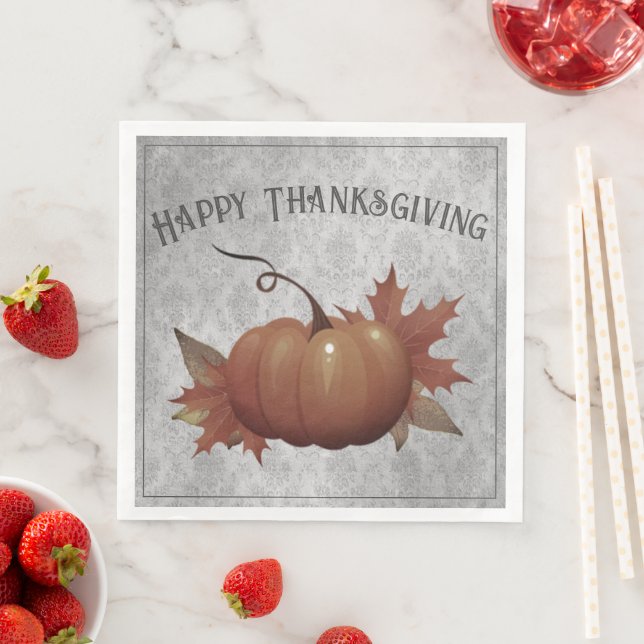 Thanksgiving Pumpkin Damask | Grey Napkin (Insitu)