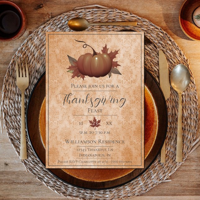 Thanksgiving Pumpkin Damask | Orange Dinner Invitation (Thanksgiving Pumpkin Damask Dinner Invite - Orange)